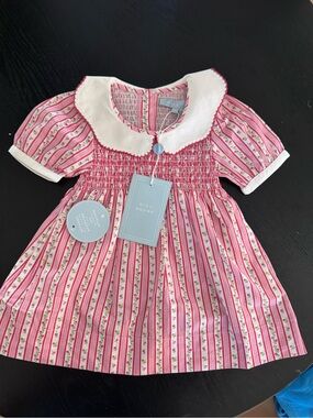 NWT Hill House Pink and White Smocked Baby Dress with Floral Trim